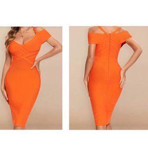 NEW Emprada Cold Shoulder Zip Back Bandage Bodycon Dress Bright Orange Large